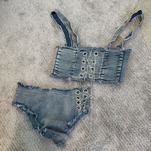 Denim Lace-Up Women Top and Bottom Set
